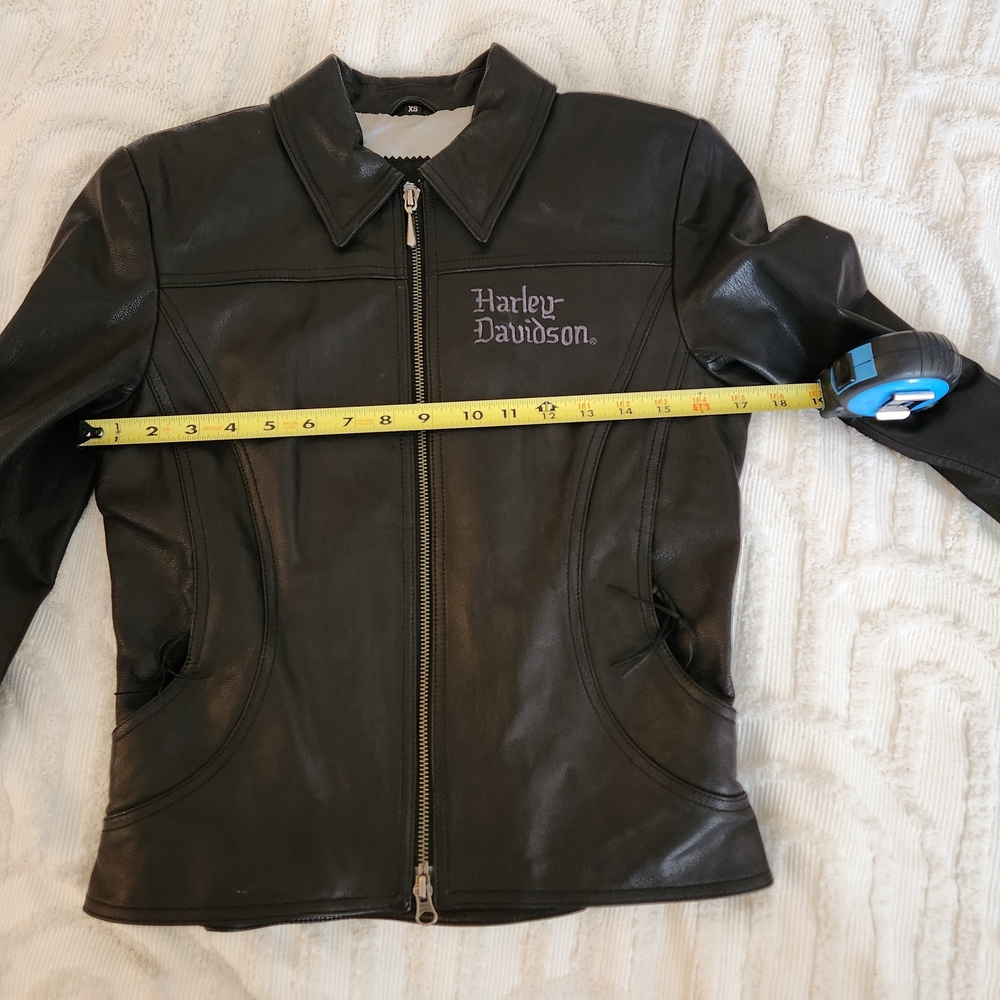 Harley-Davidson Women's Black Leather Motorcycle Zip Jacket Purple Embroidery Xs - Picture 10 of 12